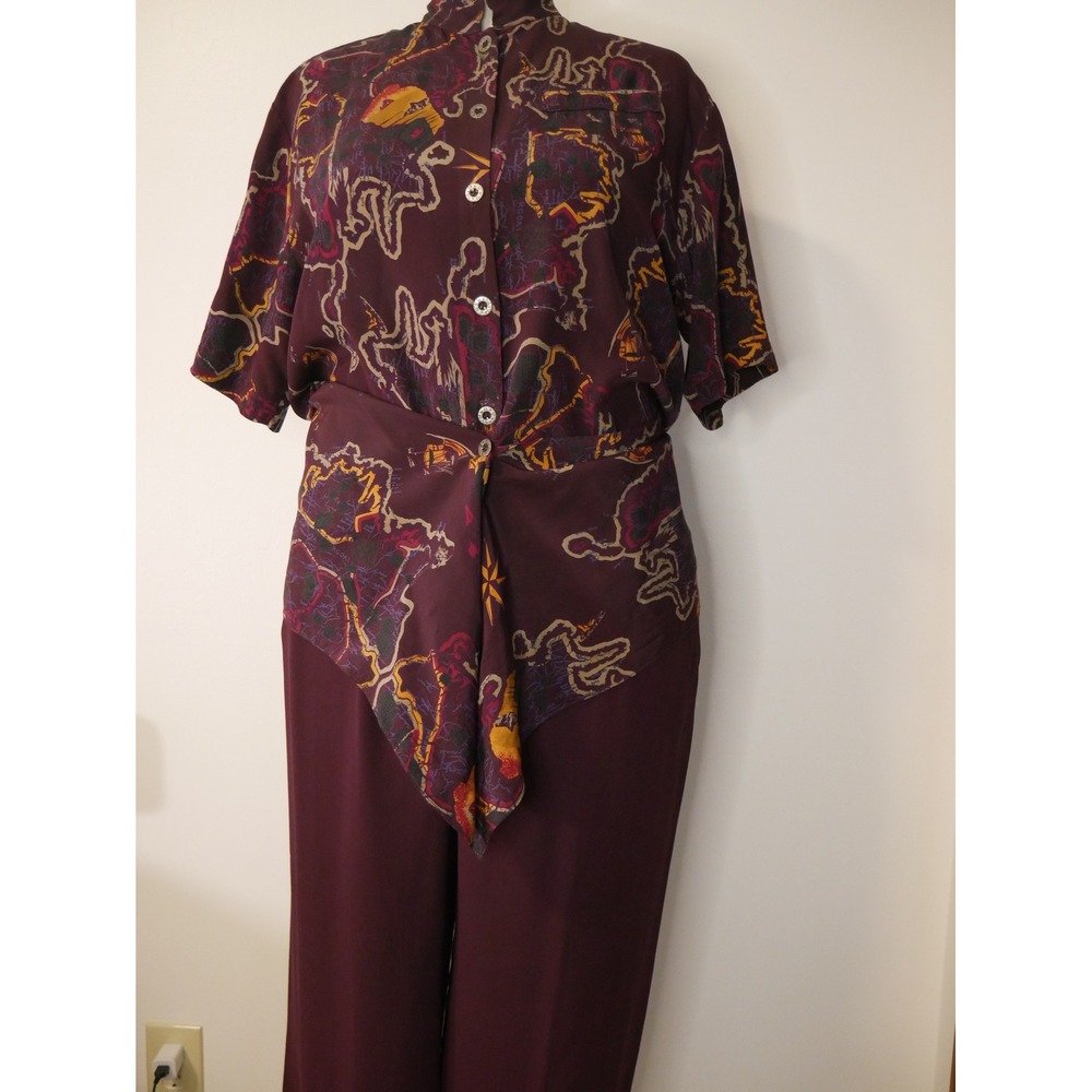 Vintage Sue Wong Silk Abstract Print Button‎ Up Shirt Blouse Pants Women Medium